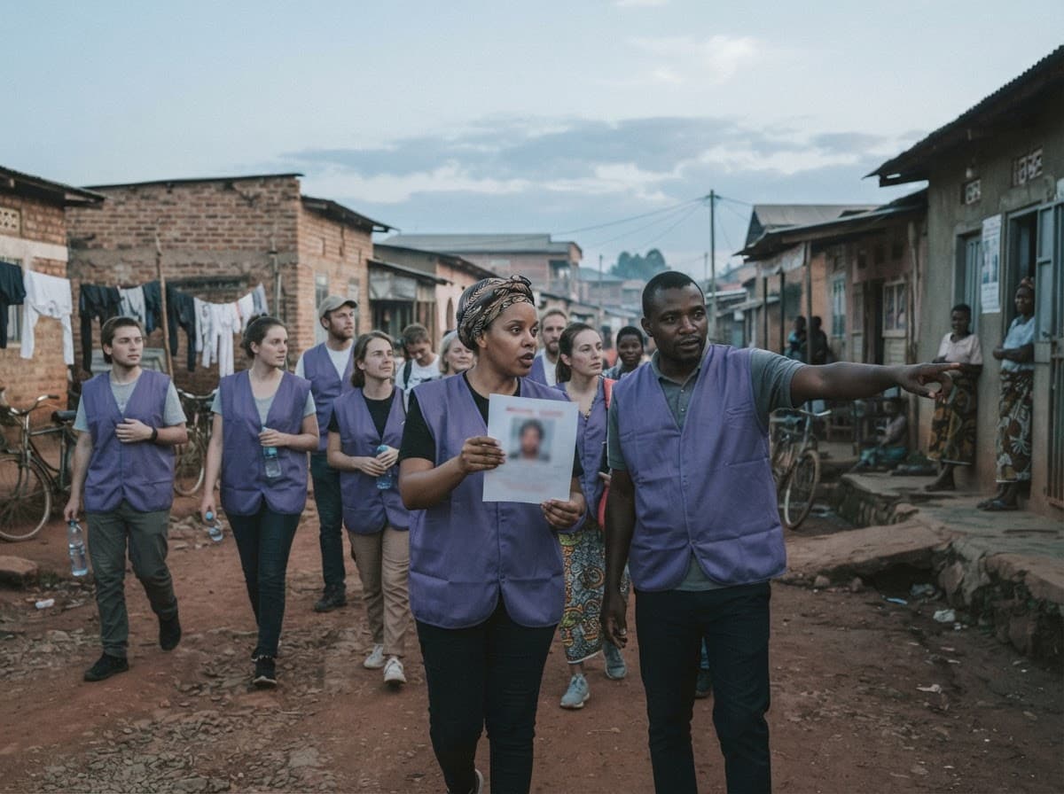 Des veilleurs Saveme en gilet violet coordonnent une recherche de quartier au petit matin